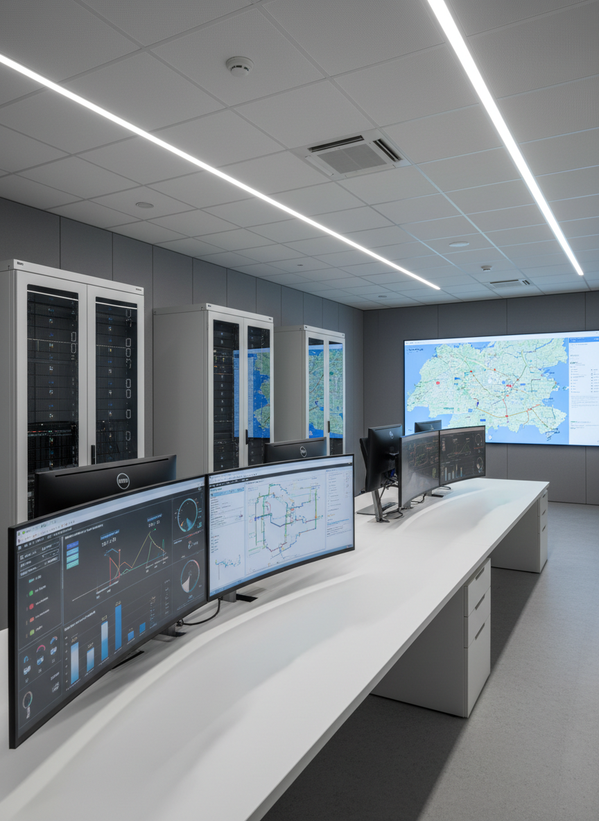 An interior photographic scene inside a control room dedicated to vodohospodářství at Caleta a.s., featuring a long, sleek, matte-white control desk topped with multiple ultra-wide monitors displaying detailed water network schematics, real-time flow graphs, and reservoir level indicators. The walls are lined with silent, neatly organized server racks with subtle blue status LEDs, set against sound-absorbing grey panels for a modern, high-tech look. Cool, even LED ceiling lighting creates minimal shadows and crisp visibility, reinforcing a calm, analytical atmosphere. Shot from a slightly elevated angle with sharp focus, the composition leads the eye along the length of the desk toward a large wall display showing a regional water system map. The overall aesthetic is professional, clean, and contemporary, highlighting data-driven water management and operational reliability.