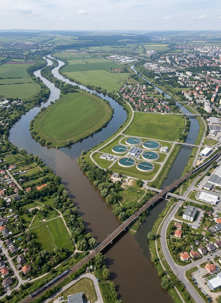 A winding river surrounded by green fields, residential neighborhoods, and a water treatment plant with circular basins